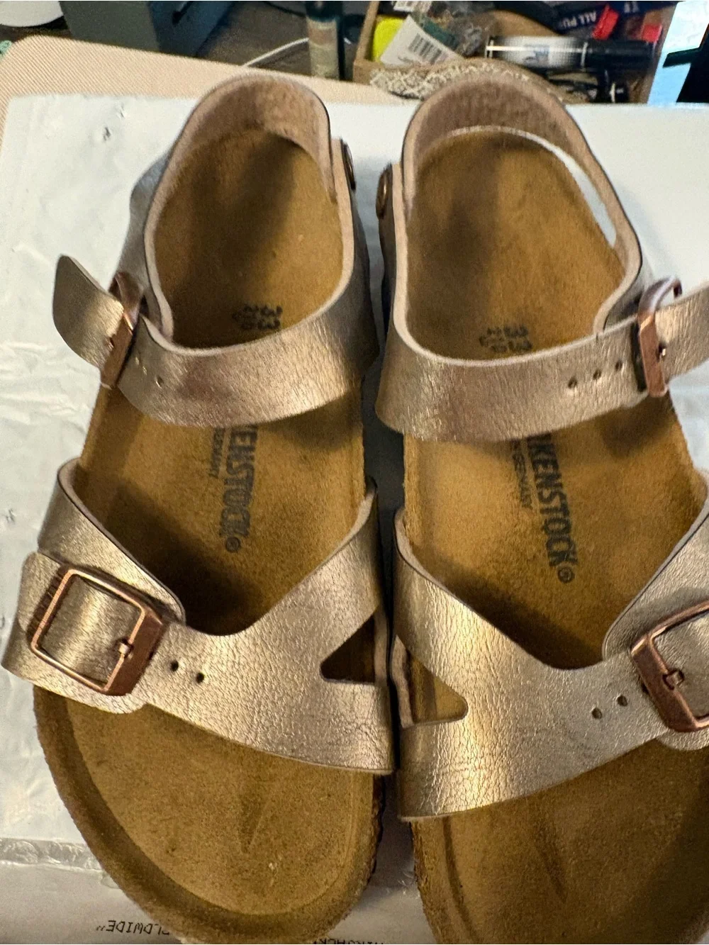 Birkenstock Kids Metallic Rose Gold Two-Strap Buckle Sandals